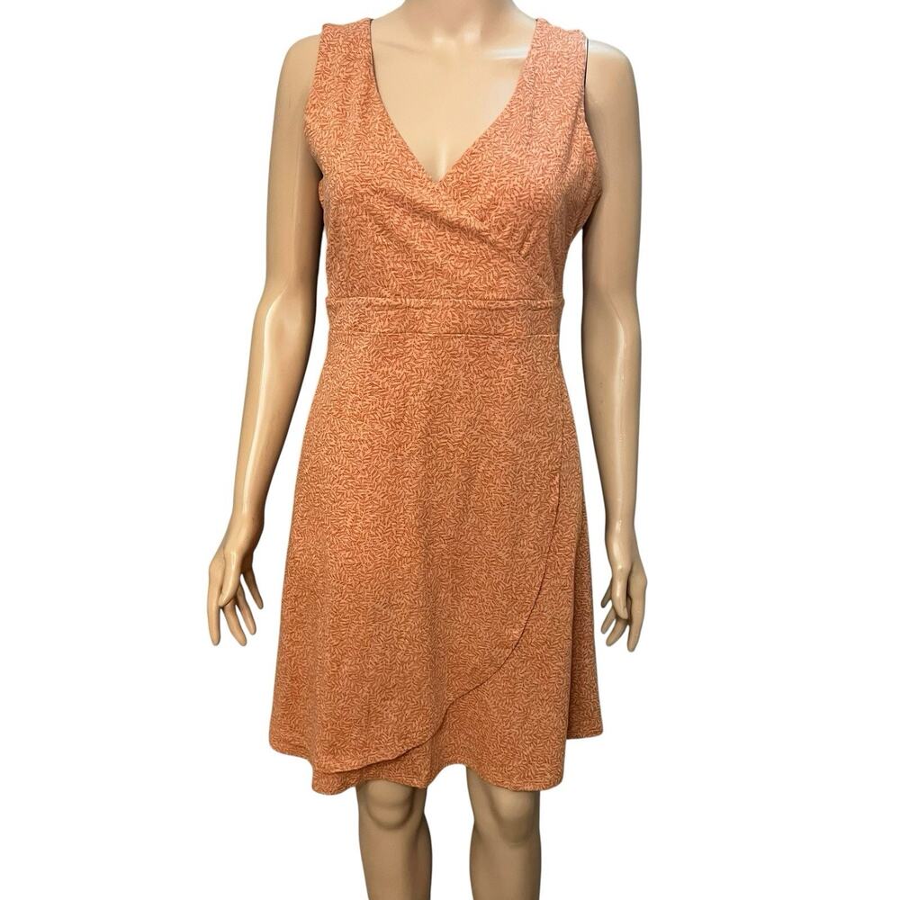 Royal Robbins Featherweight Knit Dress Small Orange Leaf Print Surplice Mini
